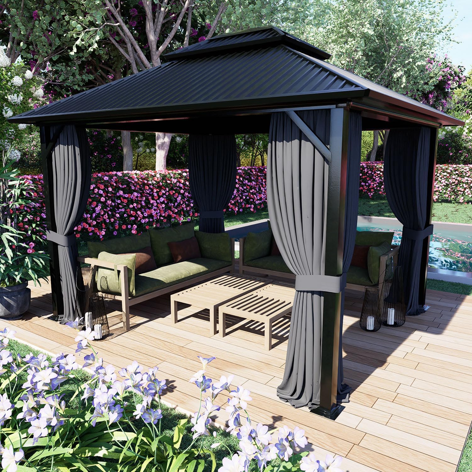 COWVIE 4-Panel 12' x 14' Gazebo Replacement Curtains, Patio Privacy Sidewalls with Double Zipper, Replacement for Outdoor Gazebo Canopy (Curtain Only)