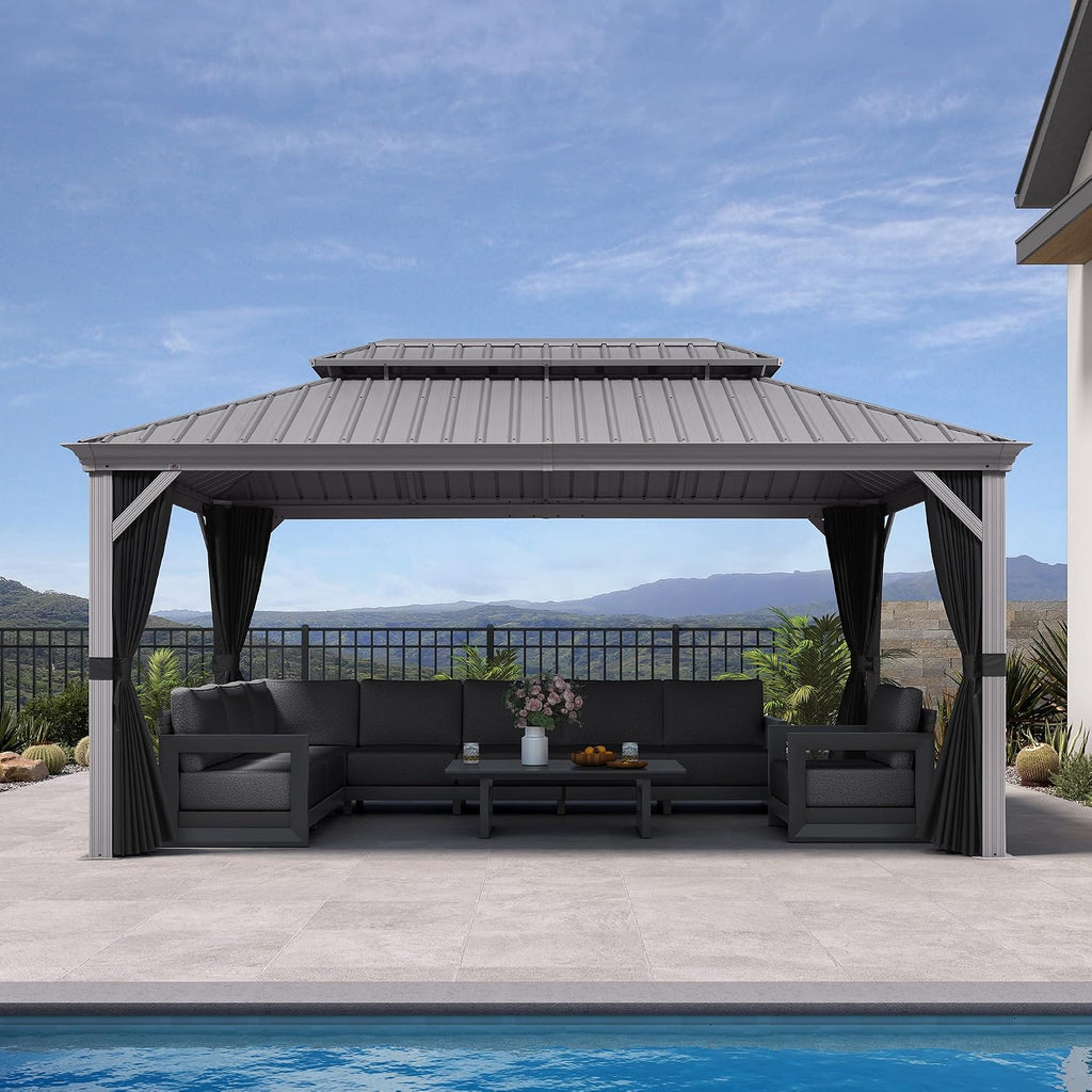 PURPLE LEAF 10' x 16' Hardtop Aluminum Gazebo with Double Metal Roof Heavy Duty Permanent Gazebo for Patio Deck Lawn Garden All Weather Outdoor Pavilion Gazebos, Light Grey