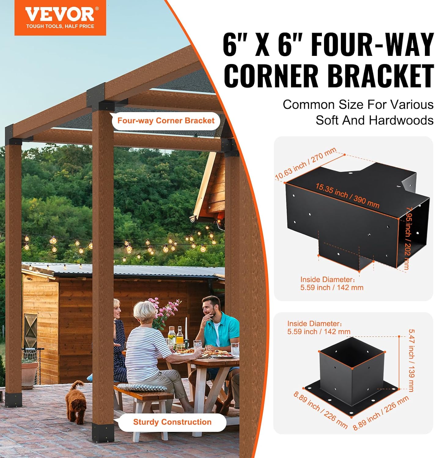 VEVOR Pergola Bracket Kit 6''x6''(Inner Size 5.6x5.6), 4pcs 4-Way Heavy Duty Corner Bracket Woodworks DIY Post Base Kit, Easy Installation Wooden Beams for Gazebos, Patio Pergolas, Log Cabin