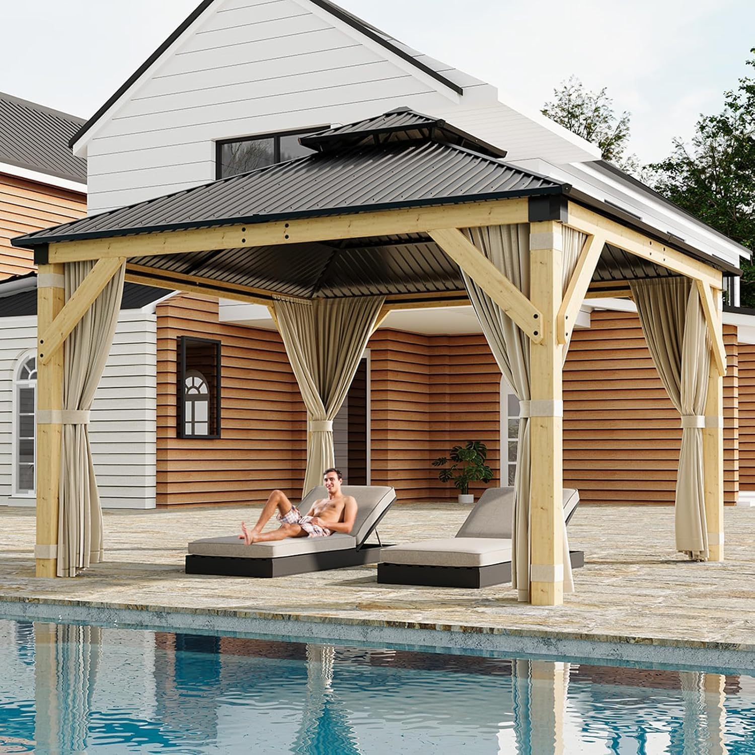 10 x 12 Ft Wood Gazebo, Upgrade Wooden Frame, Double Galvanized Steel Roof, Hardtop Gazebo with Nettings and Curtains for Backyard, Patio, Garden and Lawn, Khaki