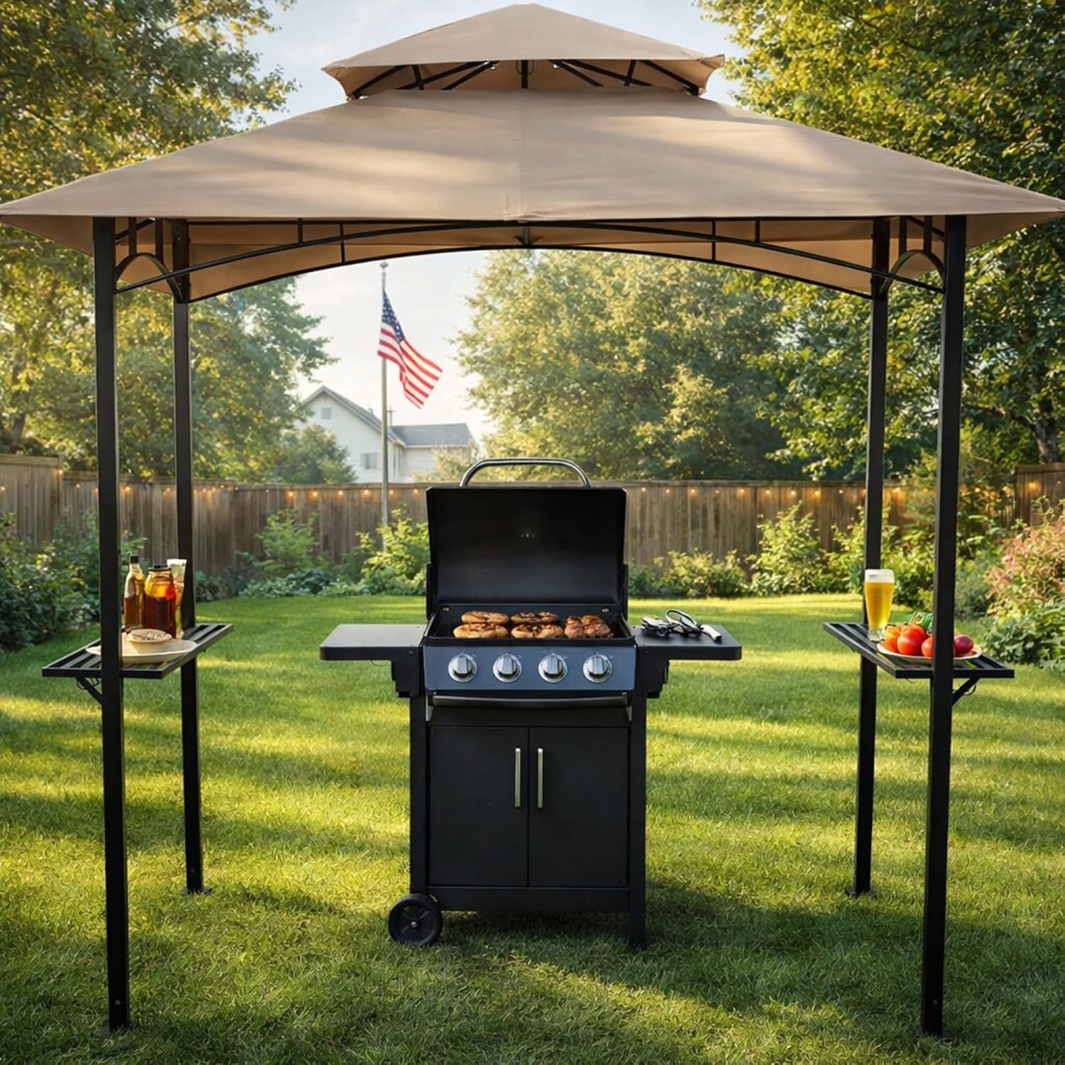 KOZYARD Andra 8' x 5' BBQ Grill Gazebo Canopy Tent, Soft Top Vented Roof, Steel Frame with Side Shelves & Utensil Hooks, 4 Magnetic Detachable LED Lights, Outdoor Grill Shelter