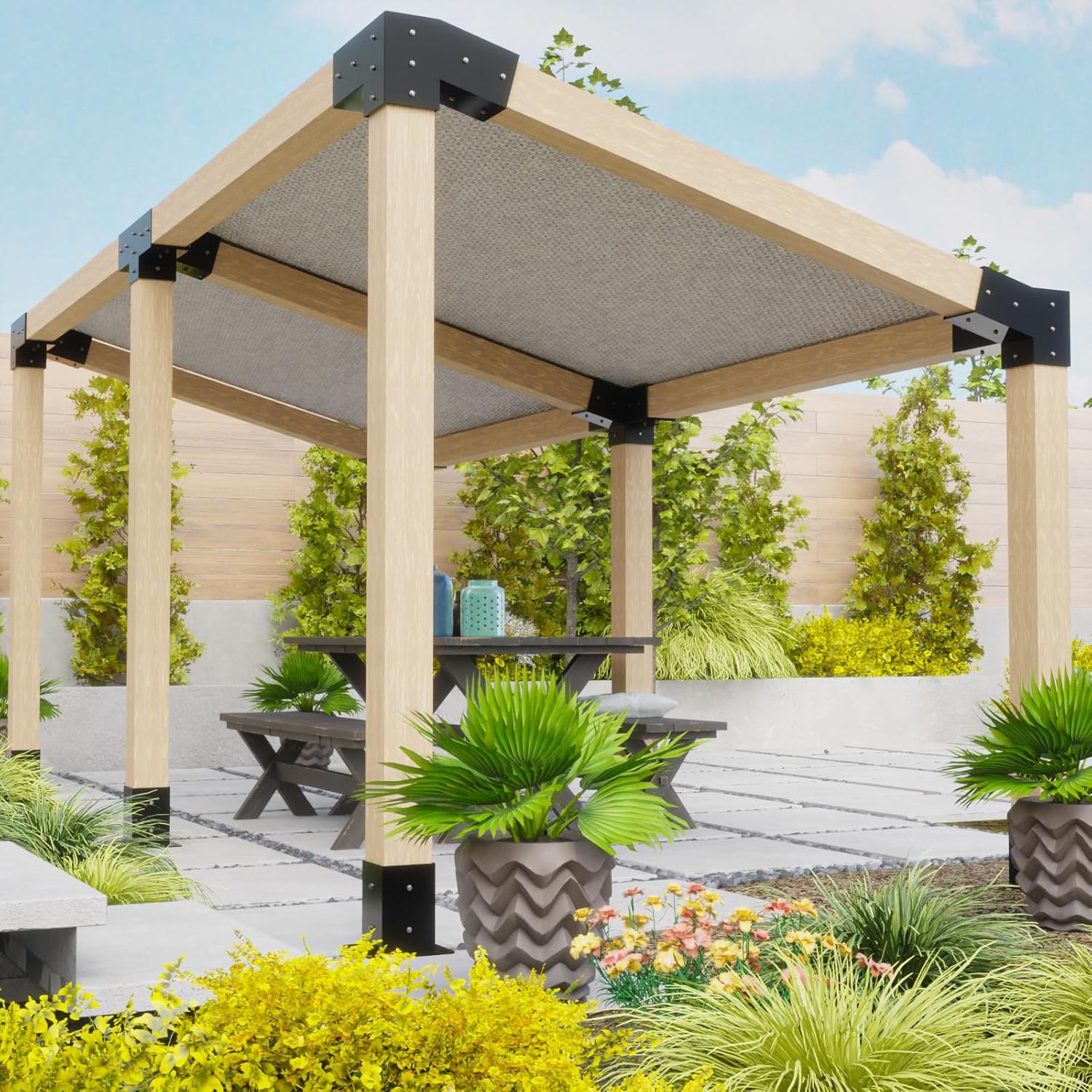 Slanted Pergola Brackets, 4PC Woodworks Pergola Kit 15° & 75° 4-Way Bracket with Post Base for 4x4'' (Actual: 3.5x3.5'') Wood Beams Elevated Wood Stand Kit