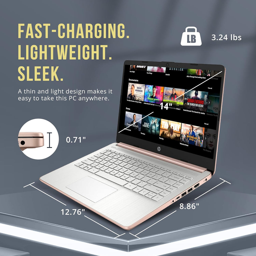 HP Stream 14' HD Laptop, Intel Celeron N4120 Processor, 4GB RAM, 128GB eMMC, Intel UHD Graphics, 720p Webcam, WiFi, HDMI, Windows 11 S, Rose Gold (Renewed)