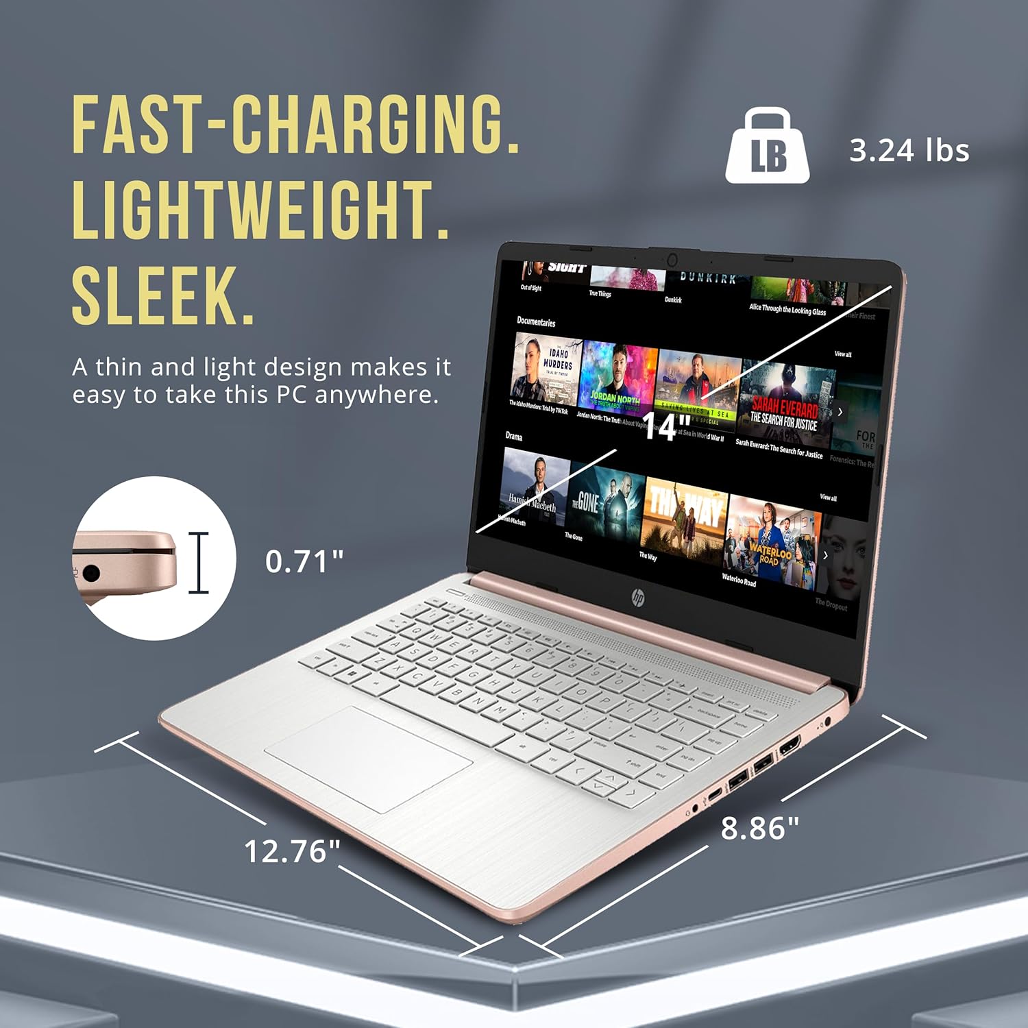 HP Stream 14' HD Laptop, Intel Celeron N4120 Processor, 4GB RAM, 128GB eMMC, Intel UHD Graphics, 720p Webcam, WiFi, HDMI, Windows 11 S, Rose Gold (Renewed)