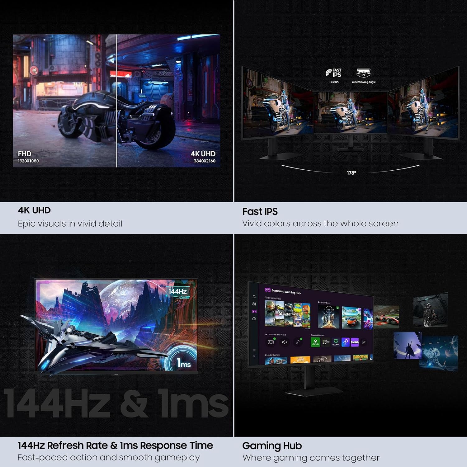 Samsung 27' Odyssey G7 (G70D) 4K UHD IPS 144Hz 1ms(GtG) Smart Gaming Monitor, G-Sync Compatible, AMD Freesync Premium, Vivid Colors, Adjustable Stand, Black Equalizer, LS27DG702ENXZA