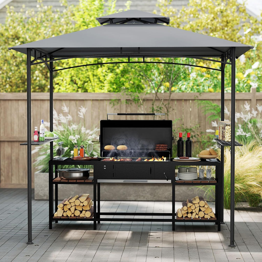 Tangkula 8x5 Ft Grill Gazebo, 2-Tier Barbecue Gazebo with 2 Shelves, 6 Hooks, Metal Frame, Outdoor Grill Canopy for Backyard Garden Poolside (Gray)
