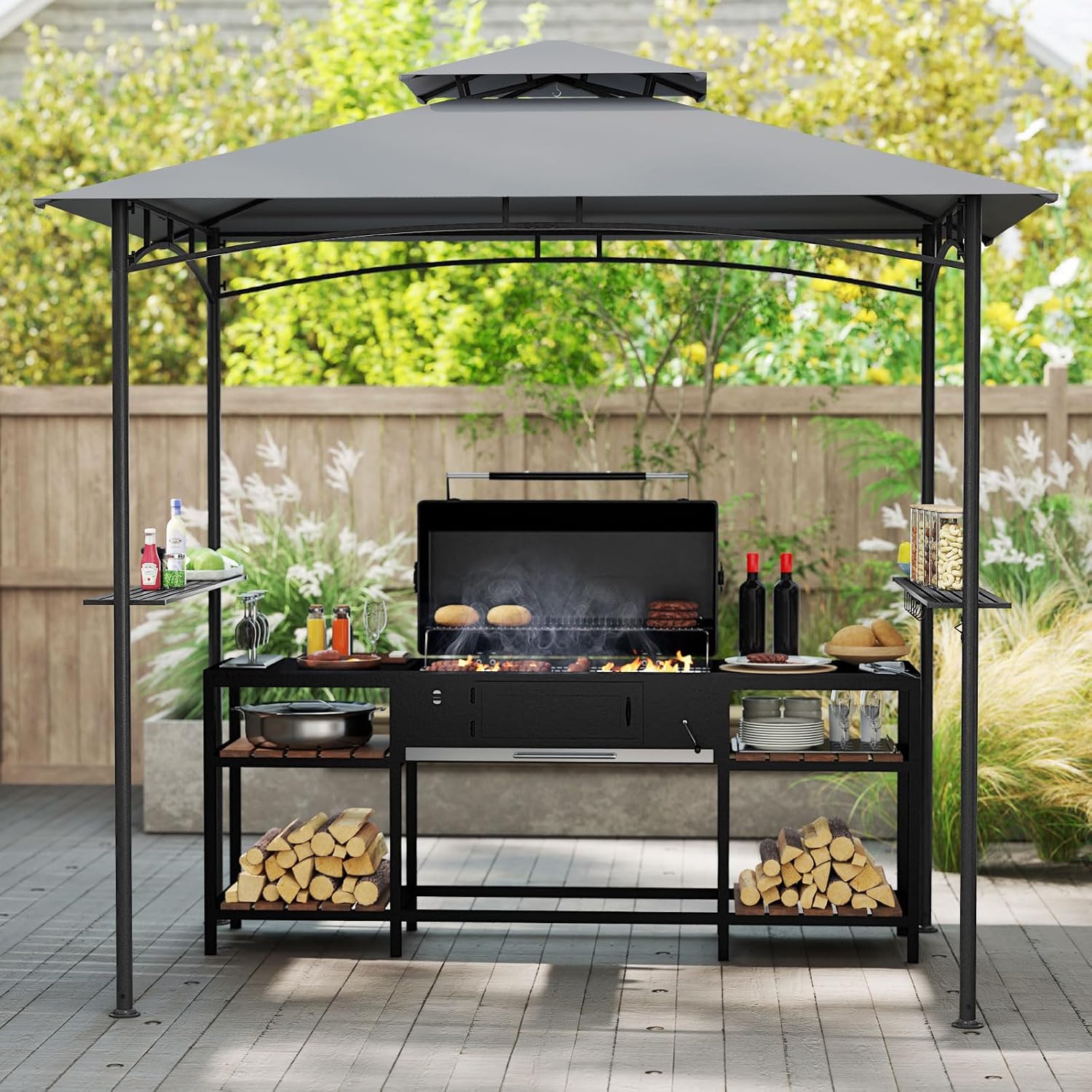Tangkula 8x5 Ft Grill Gazebo, 2-Tier Barbecue Gazebo with 2 Shelves, 6 Hooks, Metal Frame, Outdoor Grill Canopy for Backyard Garden Poolside (Gray)