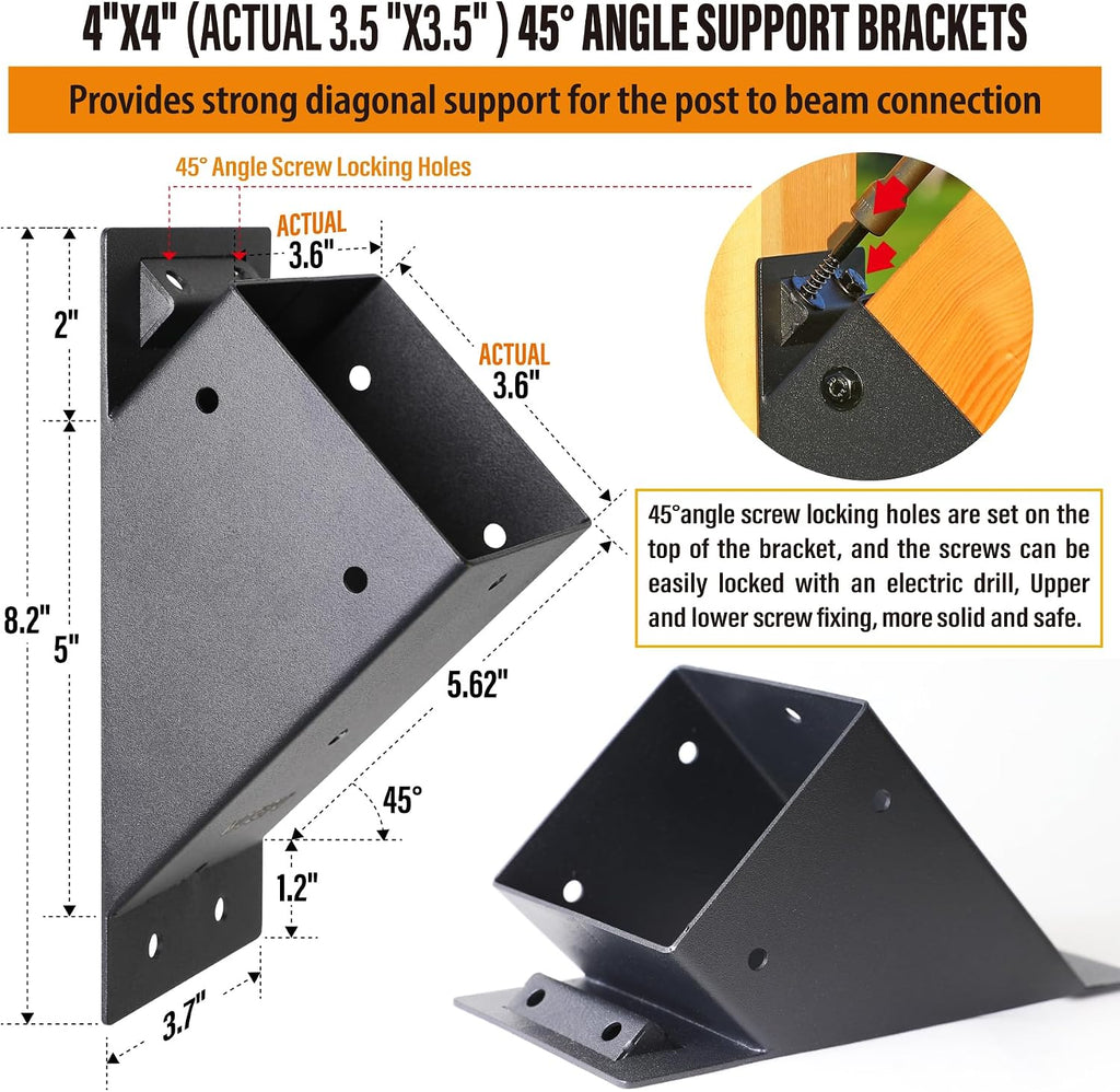 8pack 4x4 (Actual 3.5''x3.5'') Degree Angle Support Brackets, for Pergola, Gazebo, Deck Wood Frame Structures Provide Support 45° Degree Angle Bracket