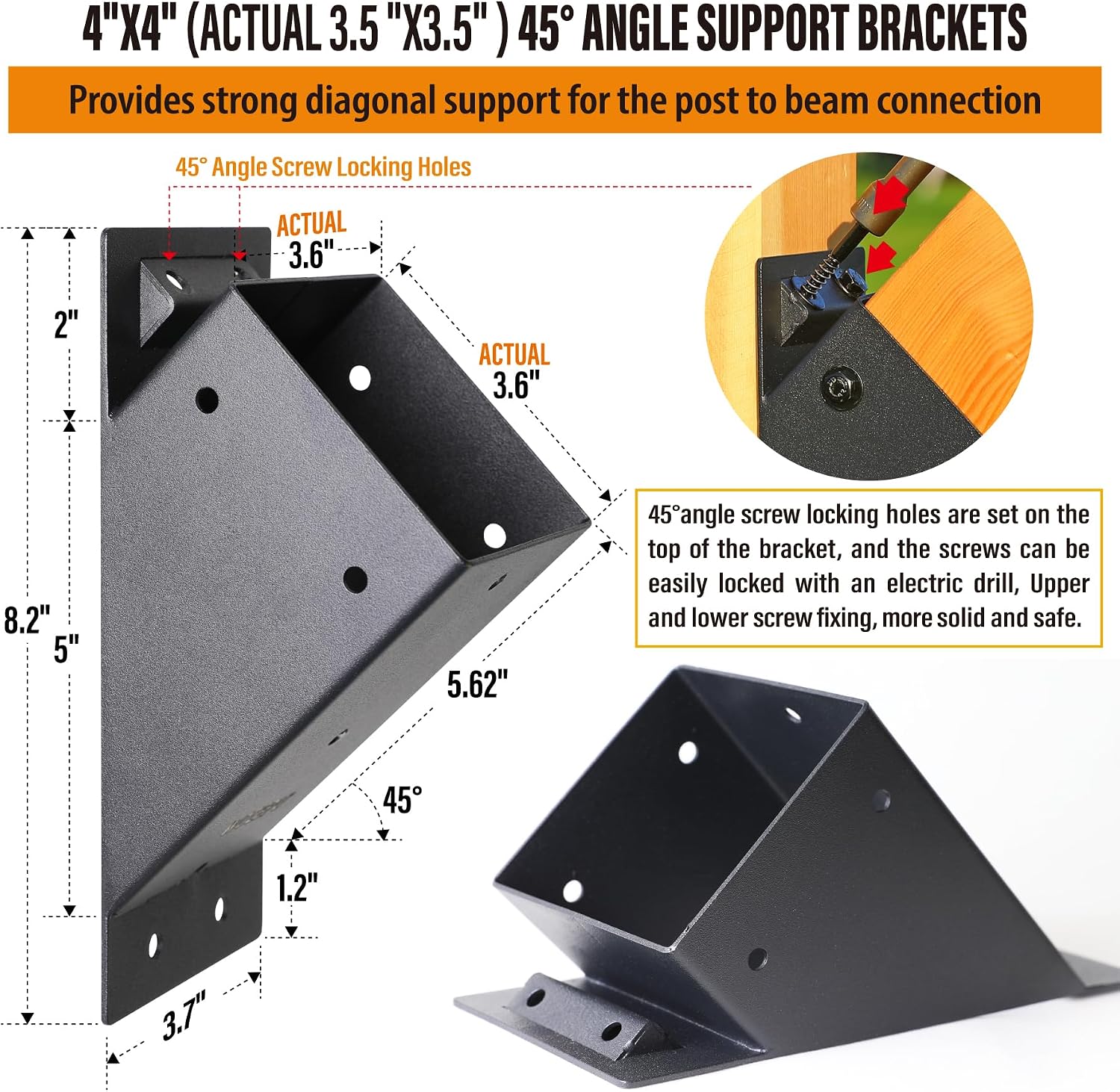 8pack 4x4 (Actual 3.5''x3.5'') Degree Angle Support Brackets, for Pergola, Gazebo, Deck Wood Frame Structures Provide Support 45° Degree Angle Bracket