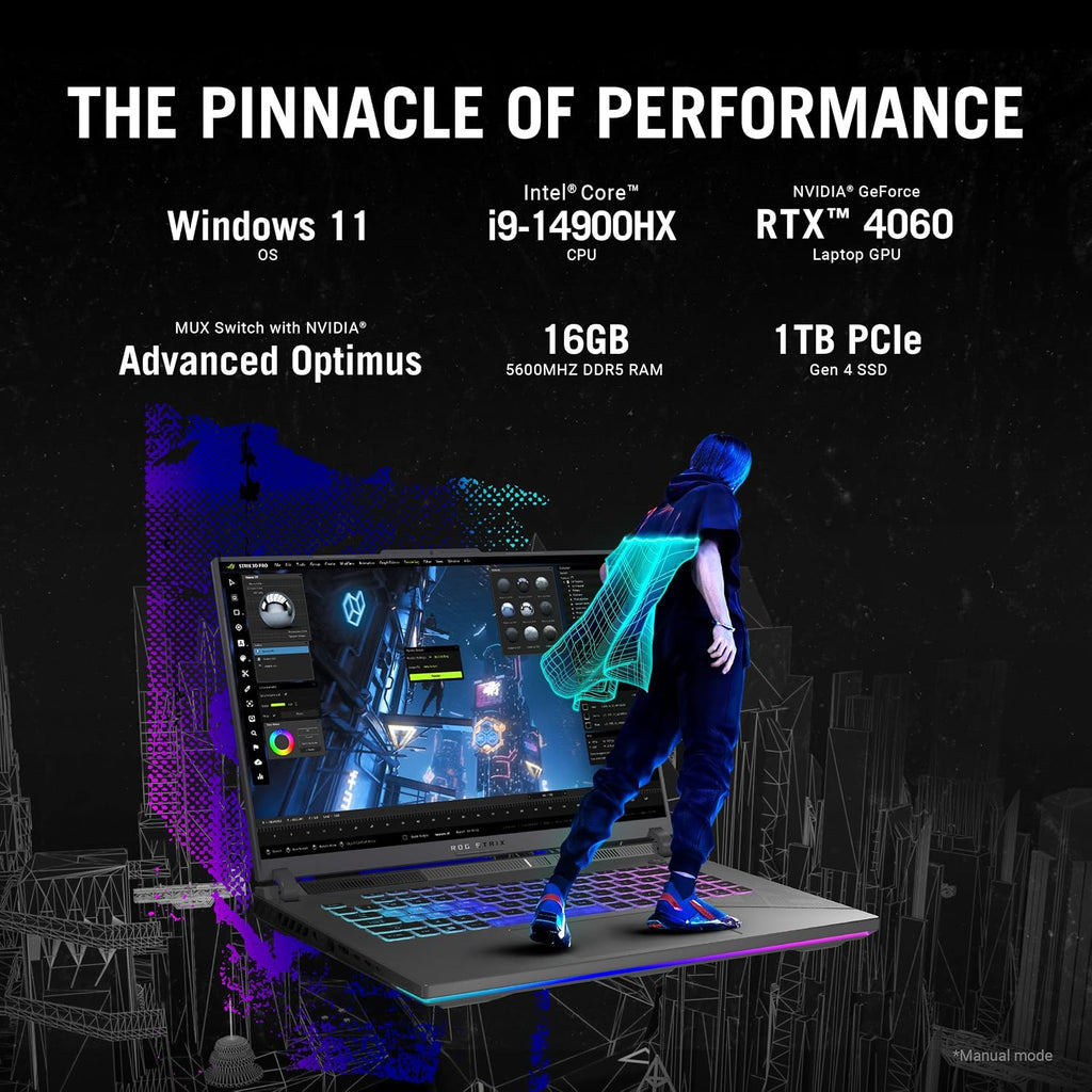 ASUS ROG Strix G16 Gaming Laptop, 16' Nebula Display 16:10 QHD 240Hz, GeForce RTX 4060, Intel® Core™ i9-14900HX, 16GB DDR5-5600, 1TB PCIe SSD, Wi-Fi 6E, Windows 11, G614JVR-ES94