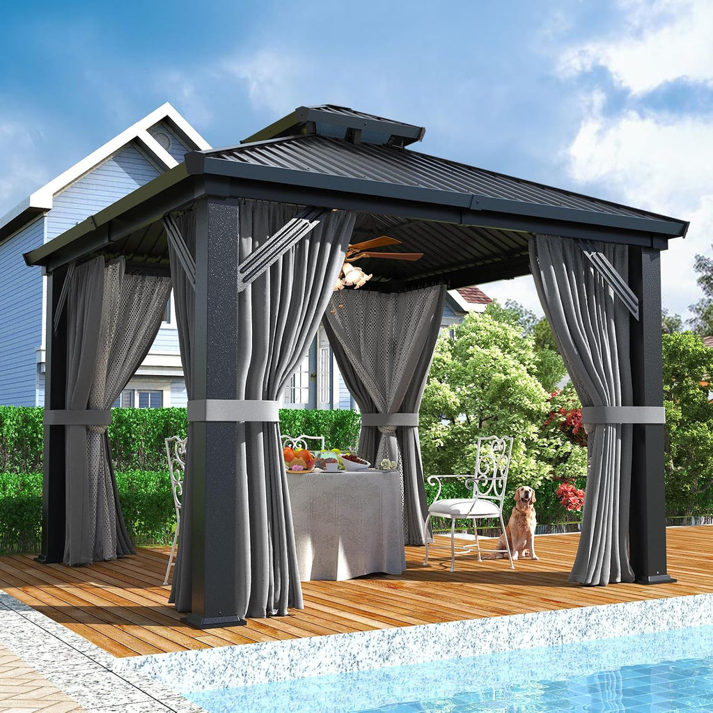 Polar Aurora 10'x10' Outdoor Gazebo Hardtop Grill Gazebo Aluminum Galvanized Steel Double Roof Outdoor Pergola Include Curtain and Netting for Backyard, Patio, Lawn