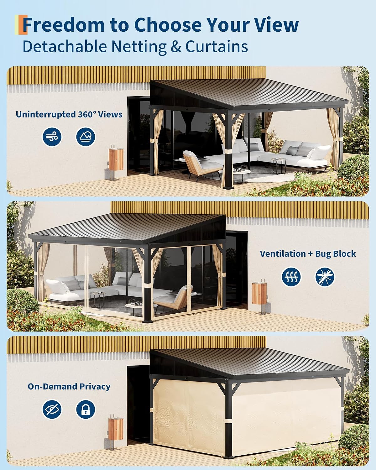 10'x14' Wall-Mounted Lean-to Gazebo with Galvanized Steel Roof, Gutters & Sliding Netting/Curtains – Hardtop Metal Pergola Canopy for Patio, Backyard, Garden, or Carport – Weather-Resistant & Durable
