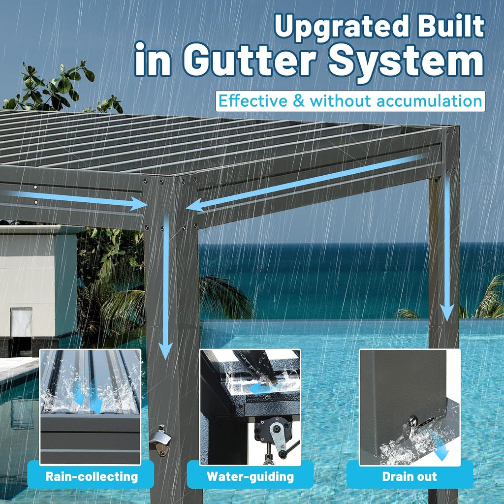 8x5 FT Grill Louvered Pergola for Outdoor Grill, Hardtop Grill Pergola with Built-in Gutter & Adjustable Rainproof Roof, Metal Shelter Gazebo for Patio Backyard Deck -Grey