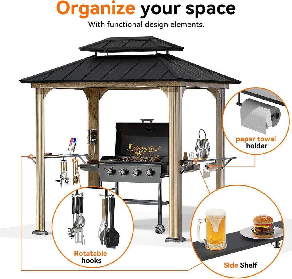 Big Leaf 6' x 8' Grill Gazebo with Aluminum Frame, Galvanized Steel Roof, Side Shelves, Paper Towel Holder, and USB/USB-C Charging Ports – Ideal BBQ Canopy for Patio，Wood-Looking