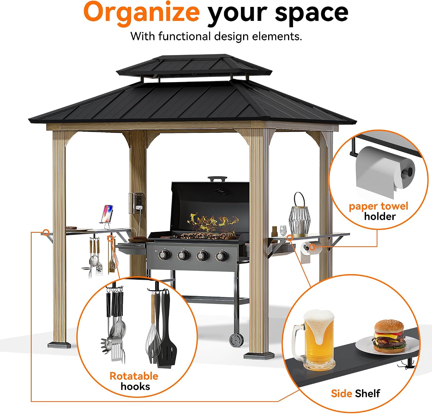 Big Leaf 6' x 8' Grill Gazebo with Aluminum Frame, Galvanized Steel Roof, Side Shelves, Paper Towel Holder, and USB/USB-C Charging Ports – Ideal BBQ Canopy for Patio，Wood-Looking