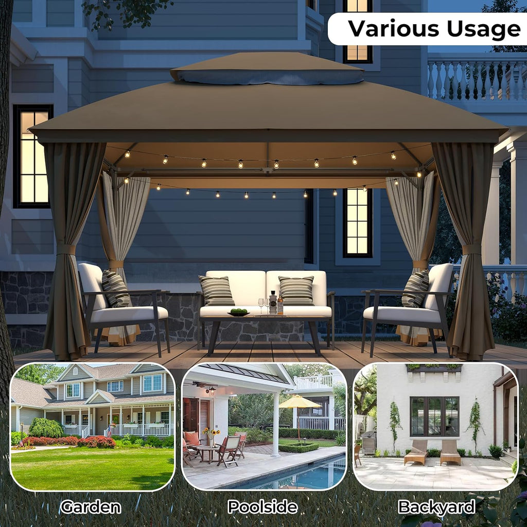 LuxaDomus Outdoor Gazebo 10'×13' for Patio, Metal Frame Canopy with Double Roofs, Heavy Duty Party Tent with Mosquito Netting and Curtains for Backyard, Garden, Lawn and Deck, Coffee
