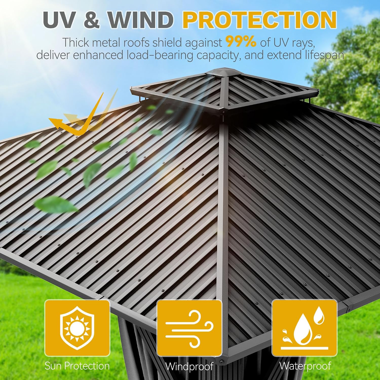 DWVO 12x12ft Hardtop Gazebo Double Roof with Nettings and Curtains, Heavy Duty Galvanized Steel Outdoor Vertical Stripes Roof for Patio, Backyard, Deck, Lawns, Gray