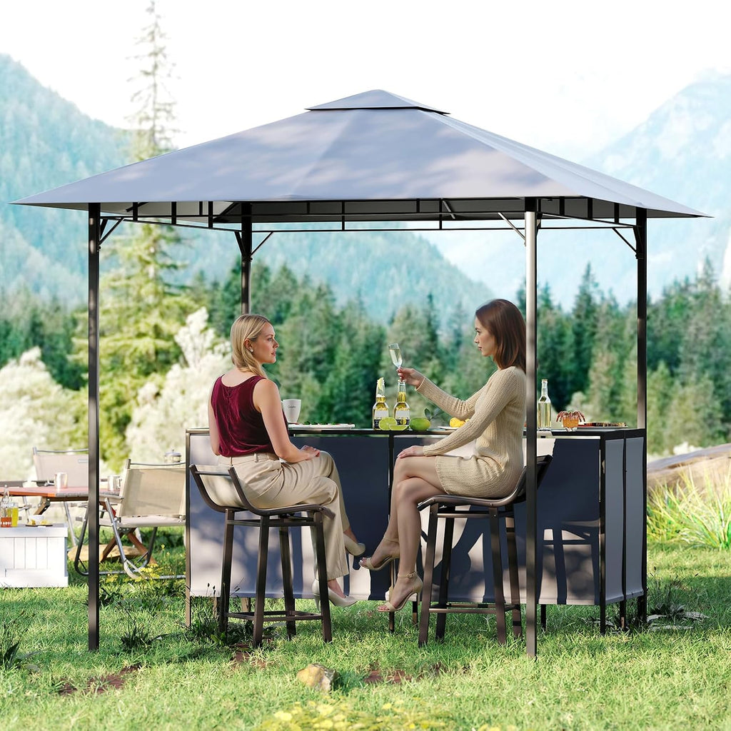 Tangkula 3 Piece Patio Bar Set, 8x8 FT Double-Tier Grill Gazebo with 2 Bar Stools, Tempered Glass Top, Metal Storage Shelf, Glass Holders, Outdoor Shelter for BBQ Party Poolside Garden (Grey)