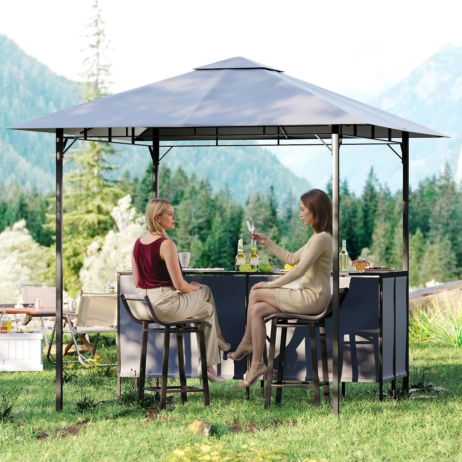 Tangkula 3 Piece Patio Bar Set, 8x8 FT Double-Tier Grill Gazebo with 2 Bar Stools, Tempered Glass Top, Metal Storage Shelf, Glass Holders, Outdoor Shelter for BBQ Party Poolside Garden (Grey)