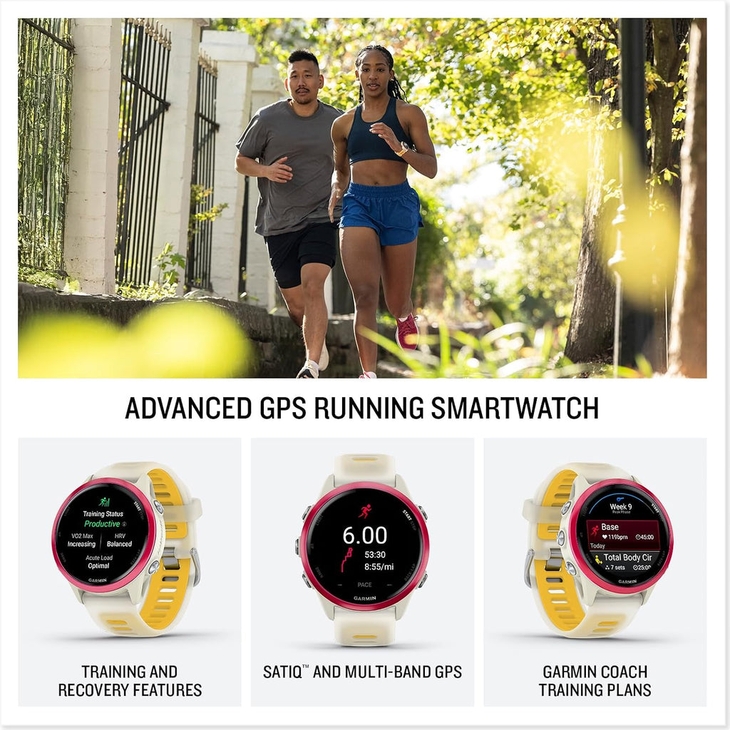 PlayBetter Garmin Forerunner 570 (42 mm, Raspberry/Translucent Bone/Mango) Running GPS Smartwatch - AMOLED Display, Training & Recovery - Bundle Portable Charger & HD Screen Protectors