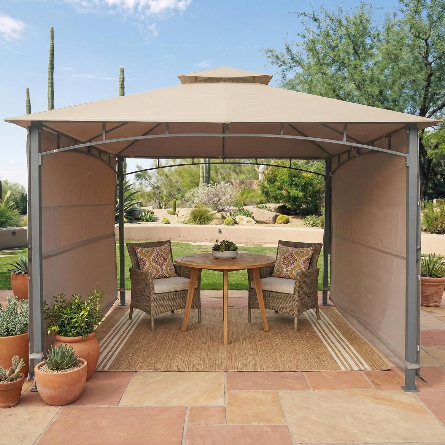 Garden Winds Reinforced RipLock 350 Replacement Canopy Top Cover Compatible with Devonshire Double Awning 10' x 10' Gazebo Models 566404899, 905436 - Beige