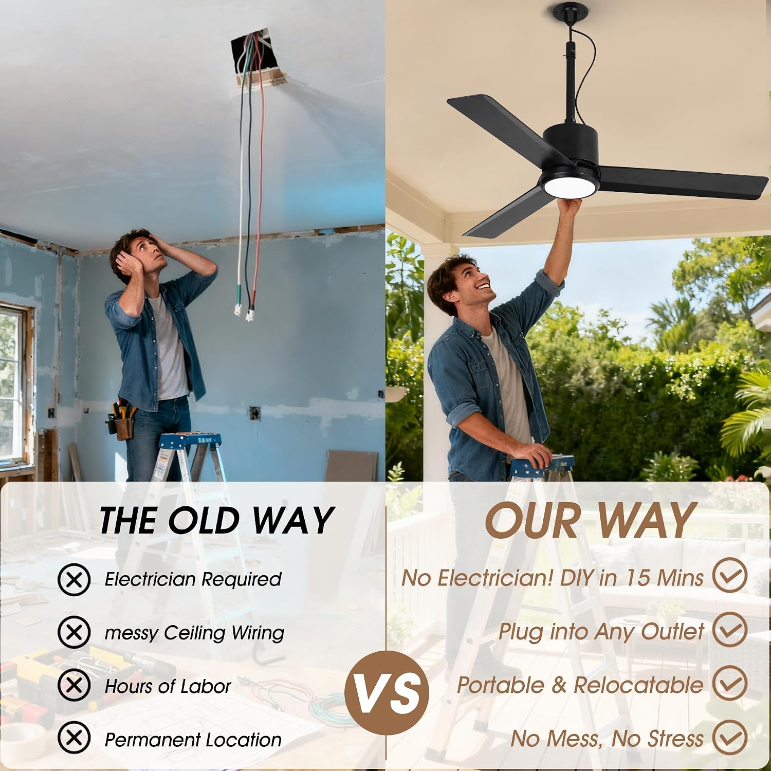42' Outdoor Ceiling Fan with Light & Remote - IP65 Waterproof Plug in Hanging Fan, 6-Speed Upgrade DC Motor, 1850LM Dimmable LED for Patio, Porch, Gazebo, Pergola,Black