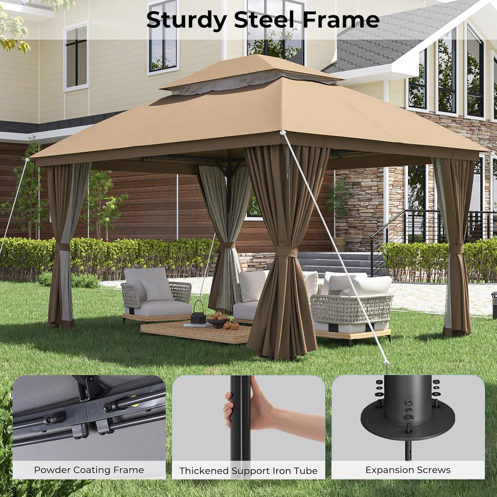 LuxaDomus Outdoor Gazebo 10'×13' for Patio, Metal Frame Canopy with Double Roofs, Heavy Duty Party Tent with Mosquito Netting and Curtains for Backyard, Garden, Lawn and Deck, Coffee