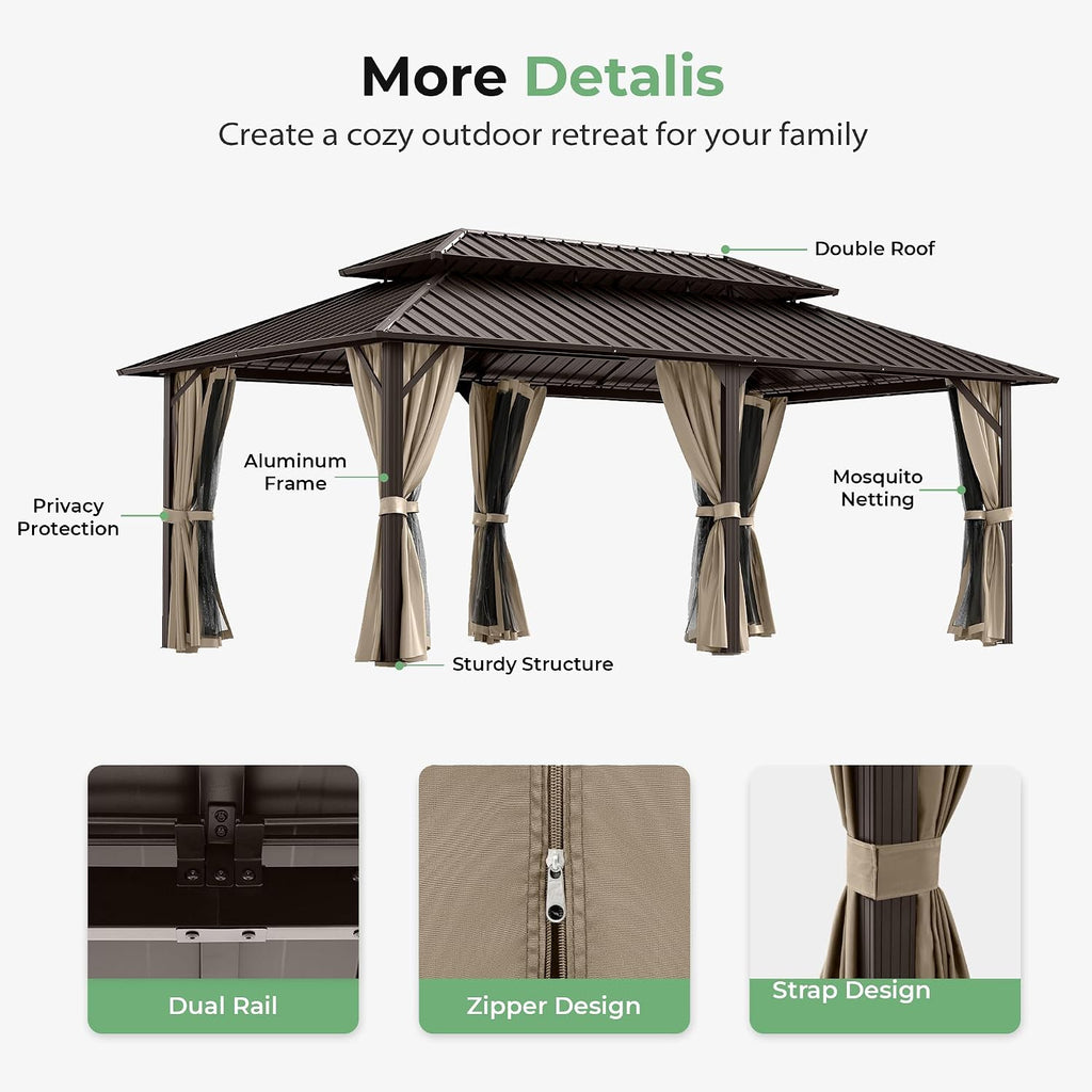 12' x 20' Hardtop Gazebo, Aluminum Frame with Double Galvanized Steel Roof,Permanent Outdoor Gazebo with Netting and Curtains for Backyard, Garden, or Deck, Brown