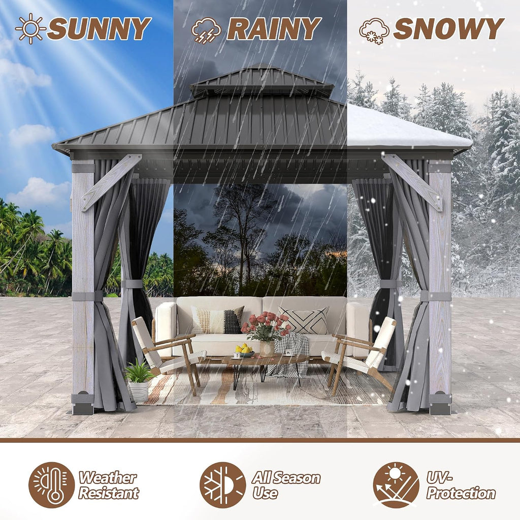 10'x10' Wood Gazebo, Outdoor Hardtop Gazebo with Wood Posts and Galvanized Steel Doule Roof, Wooden Frame Gazebos with Netting and Curtains for Patio Backyard Garden Deck