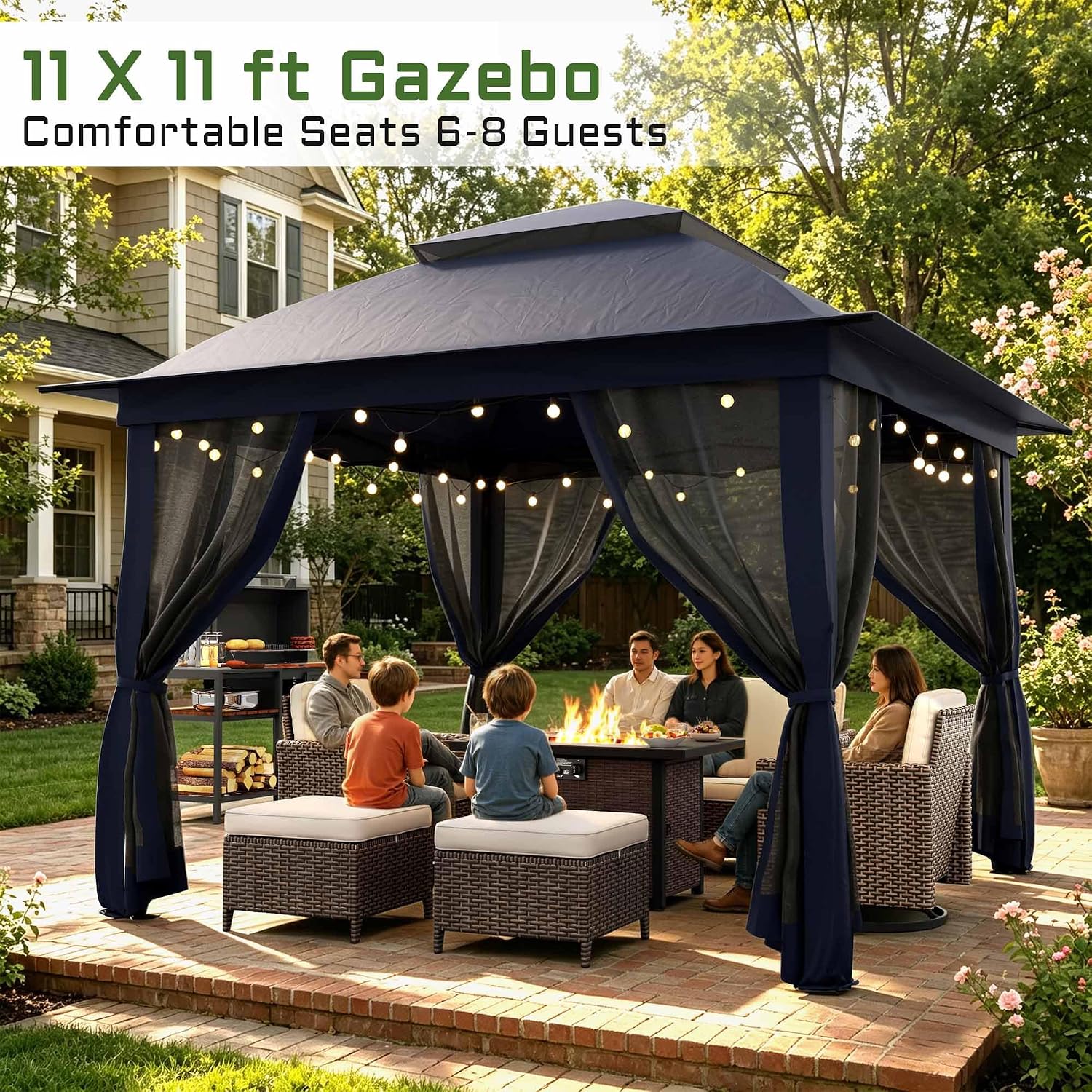 11'X11' Gazebo Pop Up with 4 Sidewalls Mosquito Netting, Heavy Duty Patio Gazebo Canopy Tent with Double Air Roofs for Backyards, Patios, Decks, Gardens, Parks