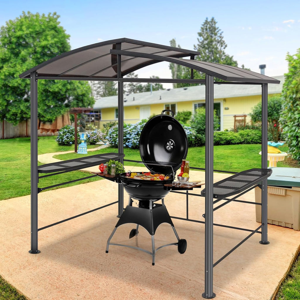 EAGLE PEAK 8x5 ft Grill Gazebo, Steel Frame Outdoor BBQ Cover, Double-Tier Polycarbonate Barbecue Canopy with Shelves