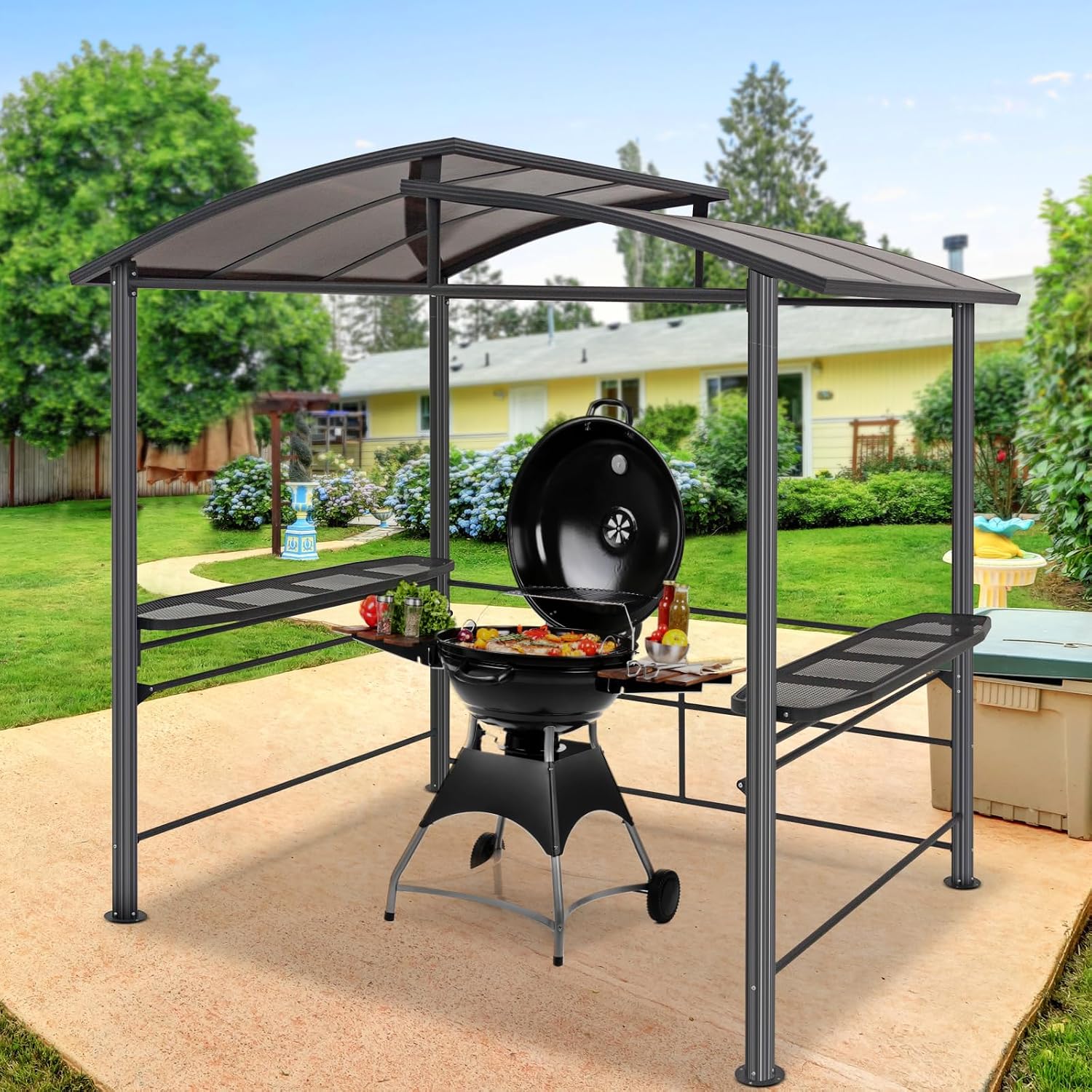 EAGLE PEAK 8x5 ft Grill Gazebo, Steel Frame Outdoor BBQ Cover, Double-Tier Polycarbonate Barbecue Canopy with Shelves