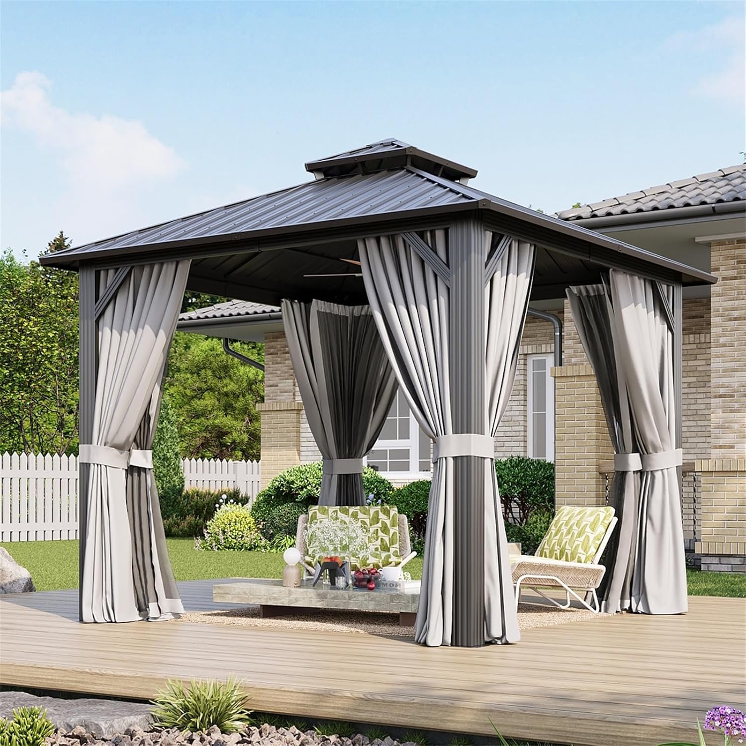 Aoxun 10'x10' Hardtop Gazebo, Permanent Metal Pavilion with Galvanized Steel Double Roof, Outdoor Pergola with Nettings and Curtains for Lawn, Garden, Patio (Gray)