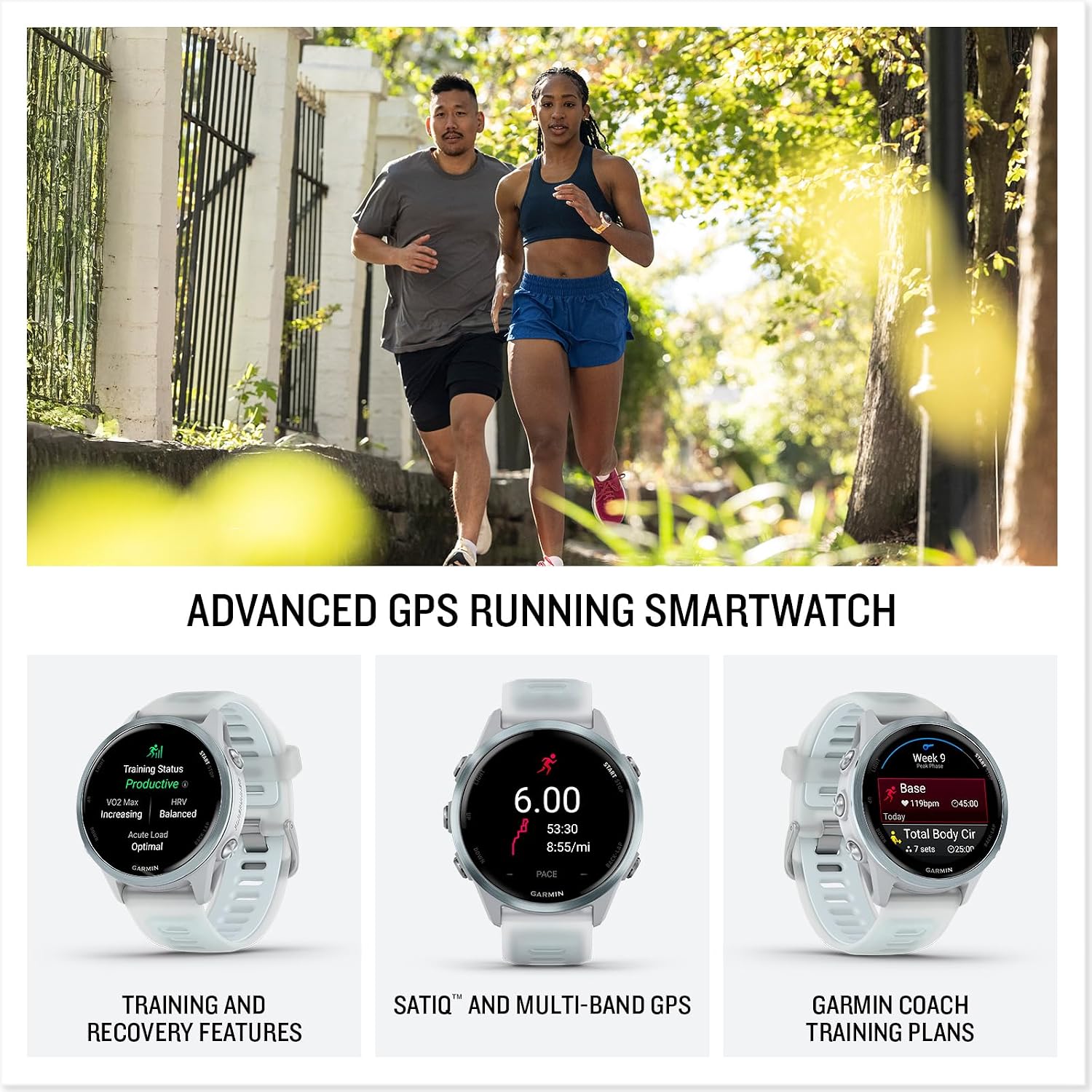 PlayBetter Garmin Forerunner 570 (42 mm, Cloud Blue/Translucent Whitestone) Running GPS Smartwatch - AMOLED Display, Training & Recovery - Bundle Portable Charger & HD Screen Protectors
