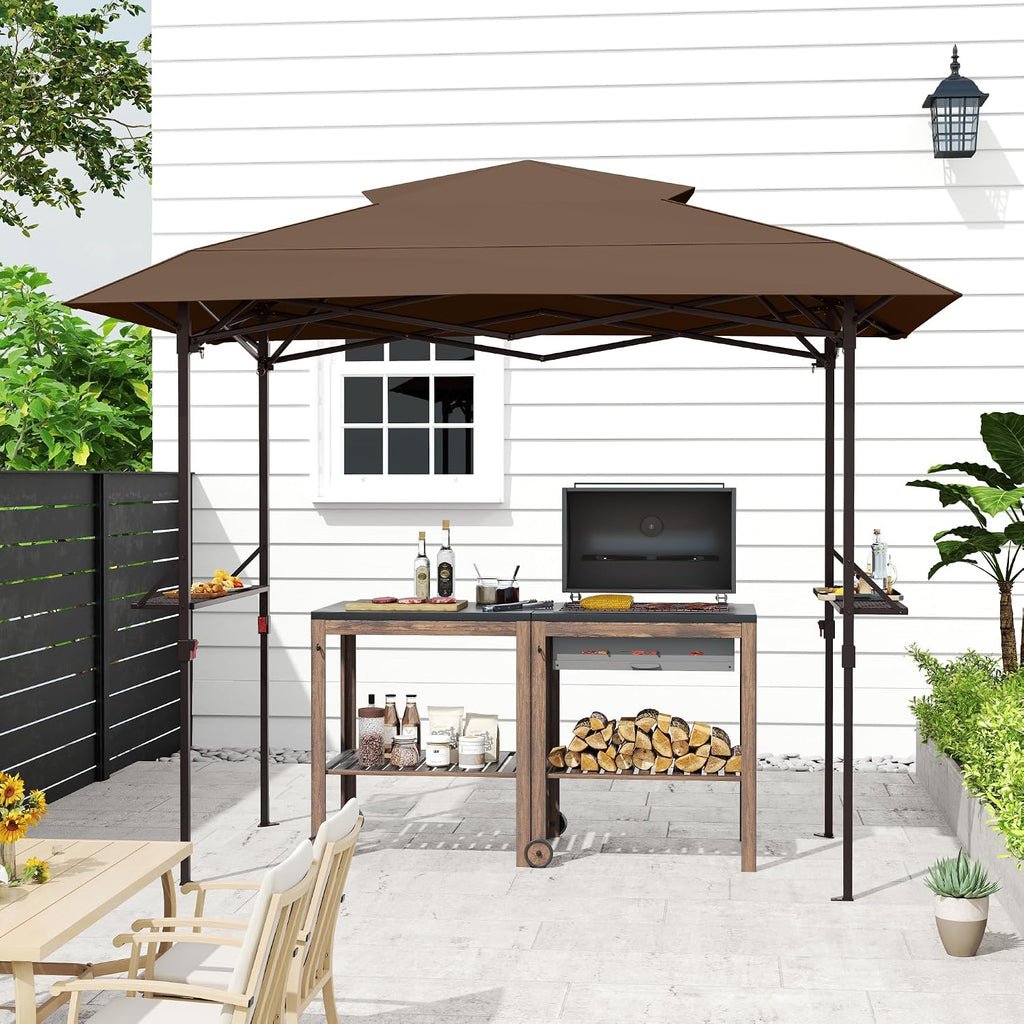 8×5 FT Pop Up Grill Gazebo, Outdoor Grill Canopy with Vented Roof & Side Shelves, Large Portable Canopy for Outdoor Barbecue, Backyard, Patio, Easy Set up, Brown
