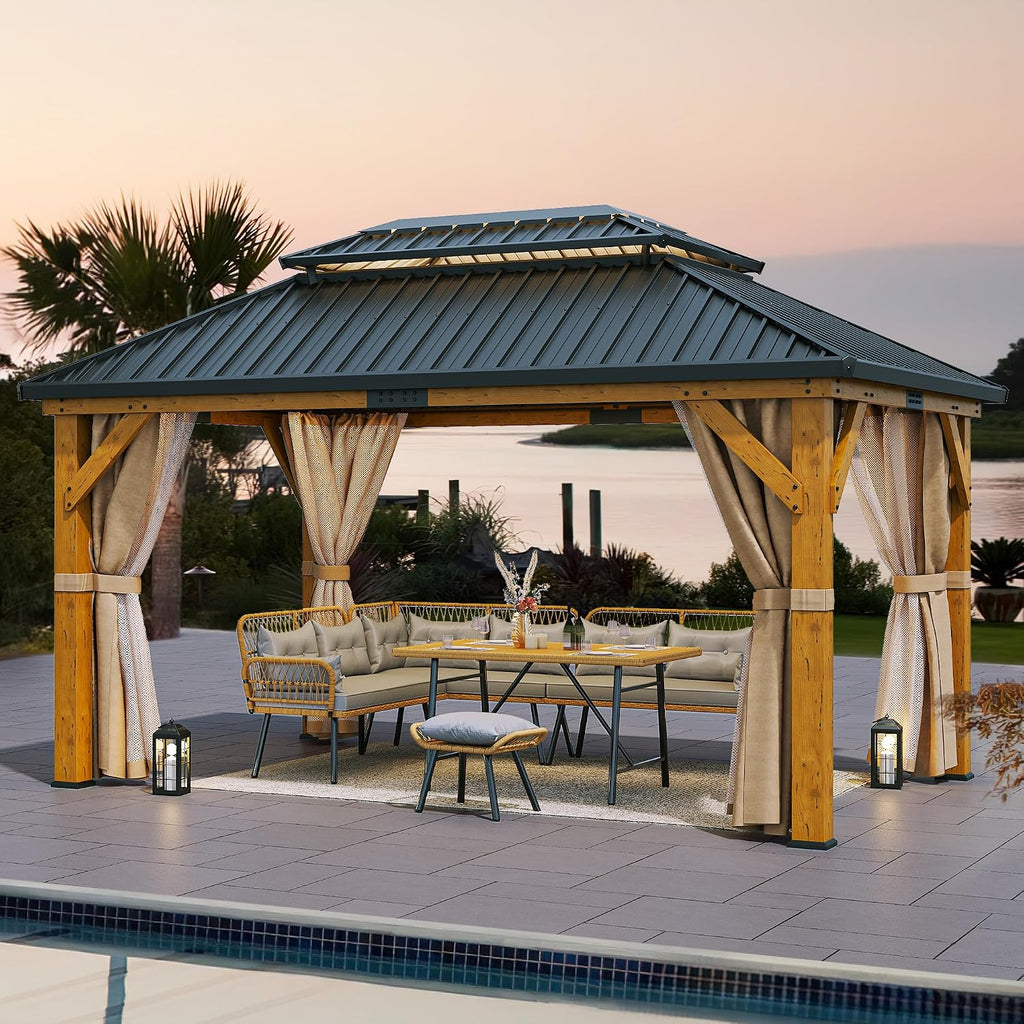 YITAHOME 13X15FT Wood Gazebo Outdoor Wooden 4.7X4.7 Frame Gazebo Double Roof Hardtop Galvanized Steel Top Canopy w/Curtain and Netting, Patio Heavy Duty Gazebo for Deck, Backyard, Golden