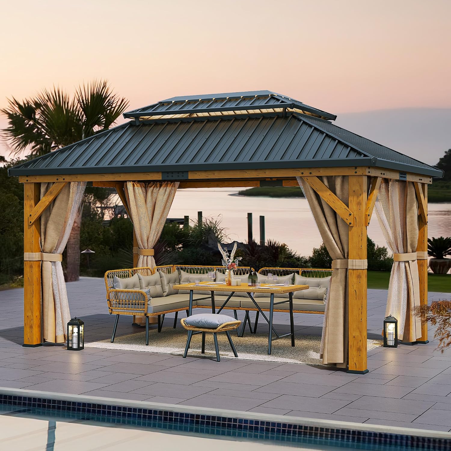 YITAHOME 13X15FT Wood Gazebo Outdoor Wooden 4.7X4.7 Frame Gazebo Double Roof Hardtop Galvanized Steel Top Canopy w/Curtain and Netting, Patio Heavy Duty Gazebo for Deck, Backyard, Golden
