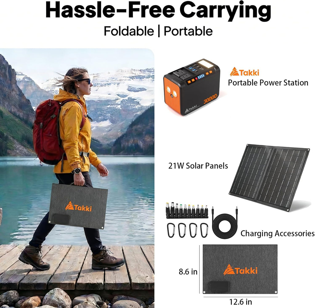 Takki 111Wh Portable Solar Generator Power Station with 21W Foldable Solar Panel, 120W Peak Solar Charger Power Bank with 110V AC DC USB Ports for Camping Emergency Outdoor Home Use