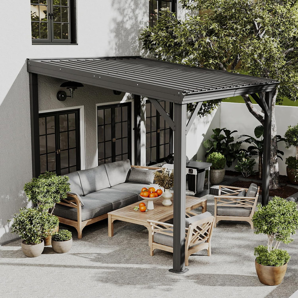 Domi 8' x 8' Wall-Mounted Hardtop Gazebo Pergola – Permanent Lean-to Outdoor Shelter with Sloped Galvanized Steel Roof & Upgraded Drainage – Grey Metal Patio Cover for Backyard, Deck, Garden