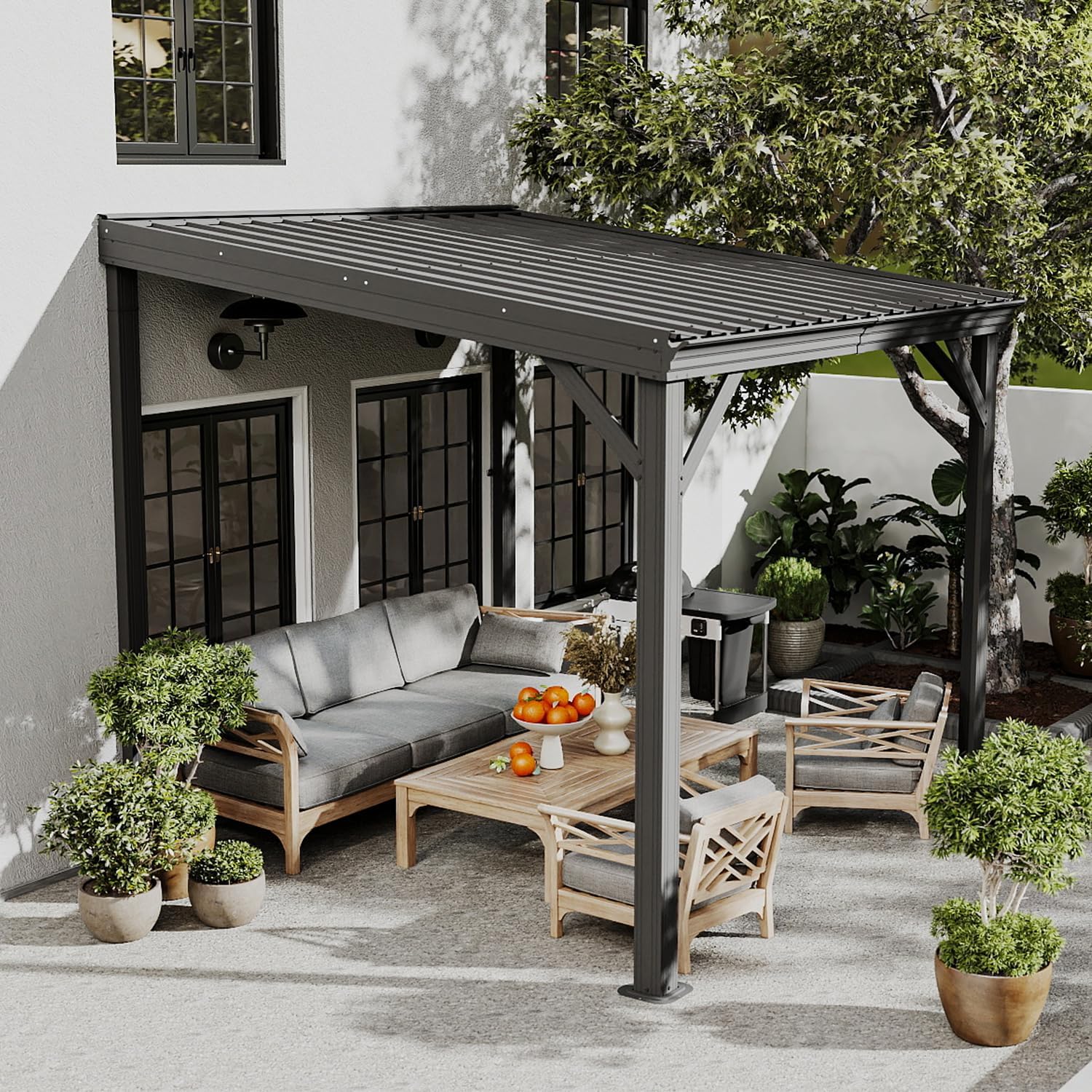 Domi 8' x 8' Wall-Mounted Hardtop Gazebo Pergola – Permanent Lean-to Outdoor Shelter with Sloped Galvanized Steel Roof & Upgraded Drainage – Grey Metal Patio Cover for Backyard, Deck, Garden