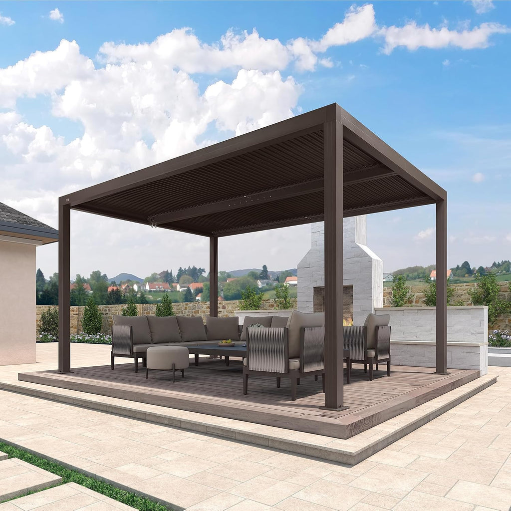 PURPLE LEAF Louvered Pergola 10' × 14' Outdoor Hardtop Gazebo Adjustable Aluminum Sun Shade for Deck Garden Backyard Patio Retractable Roof Canopy Bronze
