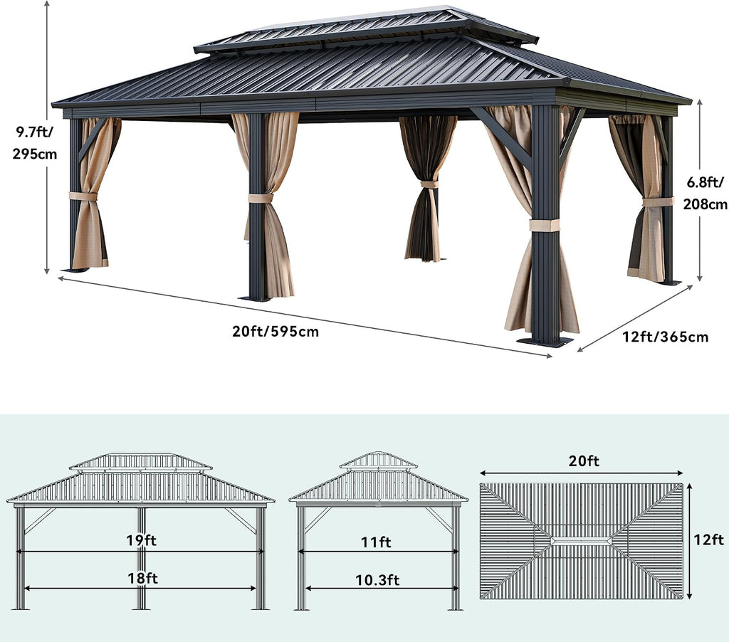 YITAHOME 12X20FT Hardtop Gazebo Double Roof Canopy Galvanized Iron 4.7X4.7'' Aluminum Pillar Garden Tent Curtains Netting for Patios Backyards Decks Lawns