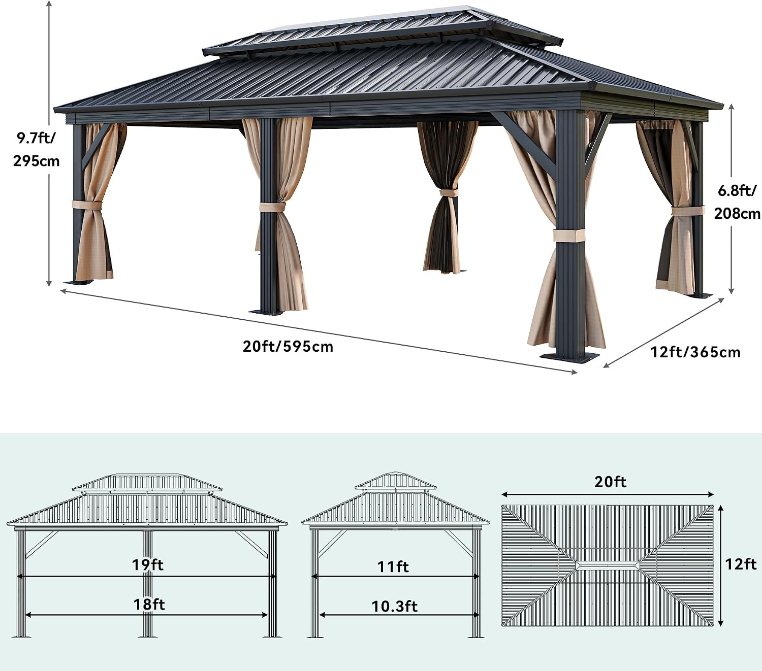 YITAHOME 12X20FT Hardtop Gazebo Double Roof Canopy Galvanized Iron 4.7X4.7'' Aluminum Pillar Garden Tent Curtains Netting for Patios Backyards Decks Lawns
