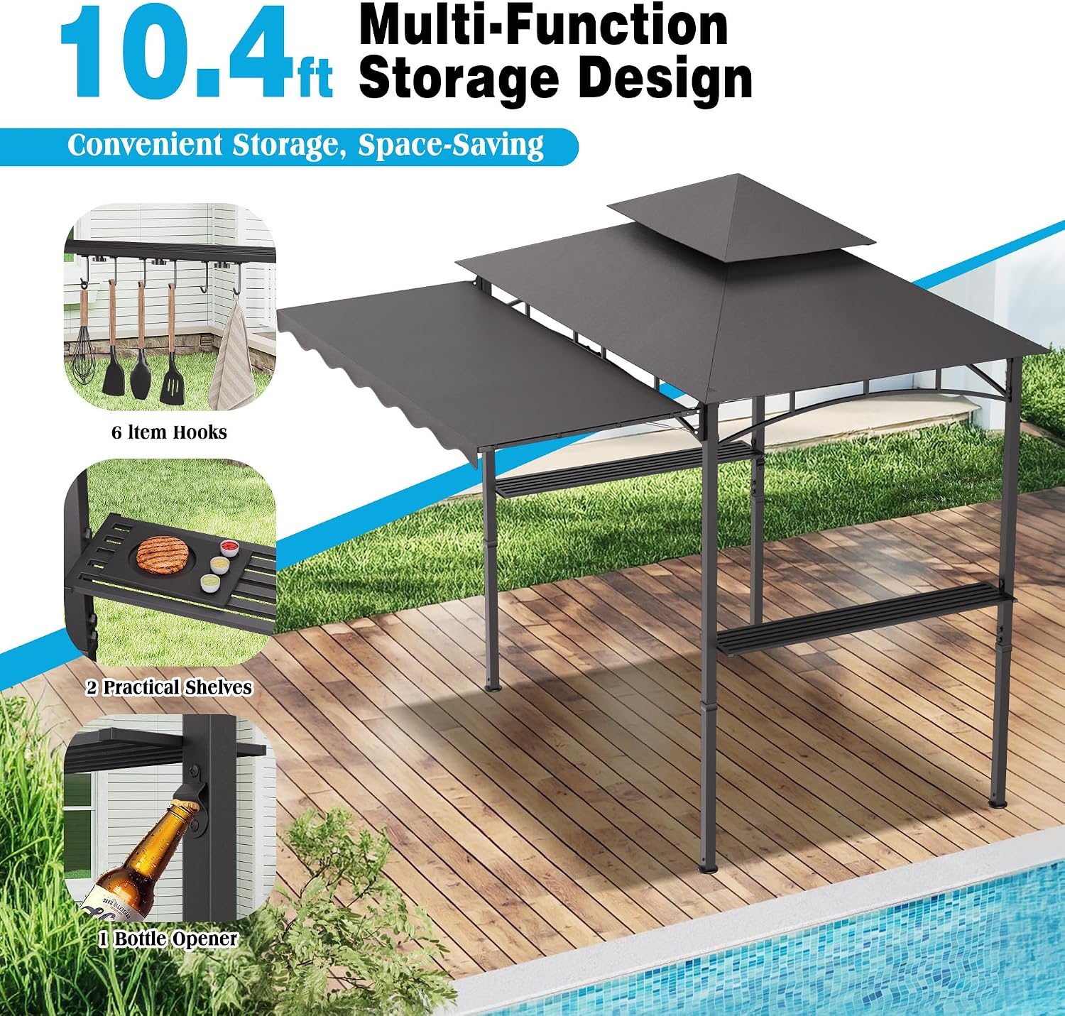 TITIMO 8'x 8' x 7.8' Double Tiered Grill Gazebo with Side Awning,Outdoor Patio BBQ Pergola, Heavy-Duty Metal Frame Canopy Tent with Side Shelves,Hooks,Bottle Opener for Lawn Deck and Garden (Gray)