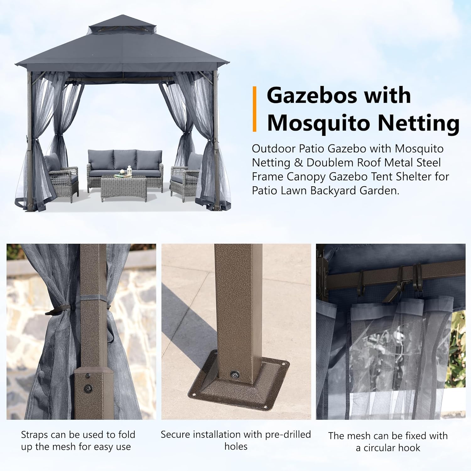 ABCCANOPY Outdoor Patio Gazebo 9x9 - Double Roof Canopy with Mosquito Netting for Backyard, Deck, Garden, Lawn, Dark Gray