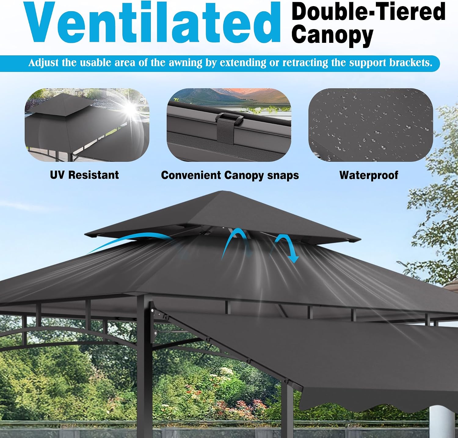 TITIMO 8'x 8' x 7.8' Double Tiered Grill Gazebo with Side Awning,Outdoor Patio BBQ Pergola, Heavy-Duty Metal Frame Canopy Tent with Side Shelves,Hooks,Bottle Opener for Lawn Deck and Garden (Gray)