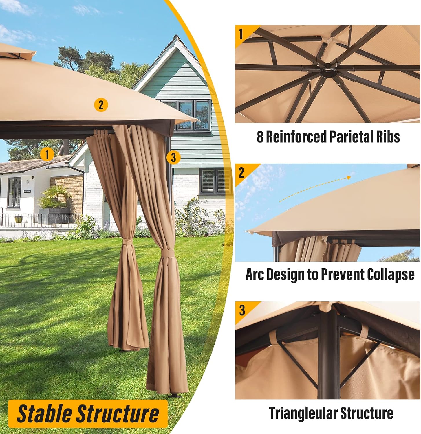 LAUSAINT HOME 10'x10' Patio Arc Gazebo with 50FT String Lights, Outdoor Canopy Tent with Curved Roof Design, Double Tier Top, Khaki