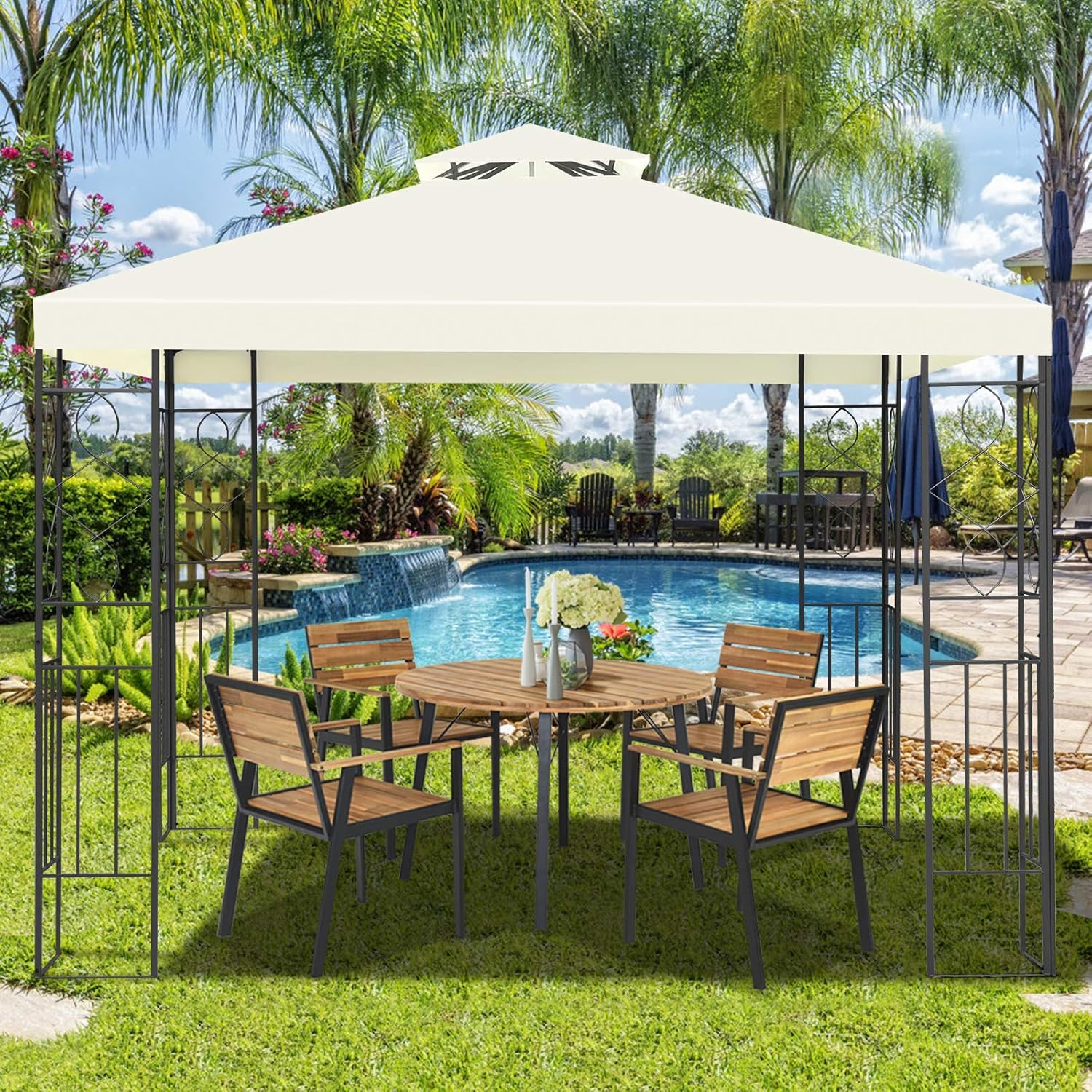 Tangkula 10 x 10FT 2-Tier Patio Gazebo, Outdoor Canopy Tent with Vented Double Roof, Powder Coated Steel Structure, Sun Shading Canopy Shelter for Home, Patio, Backyard, Garden (Beige)