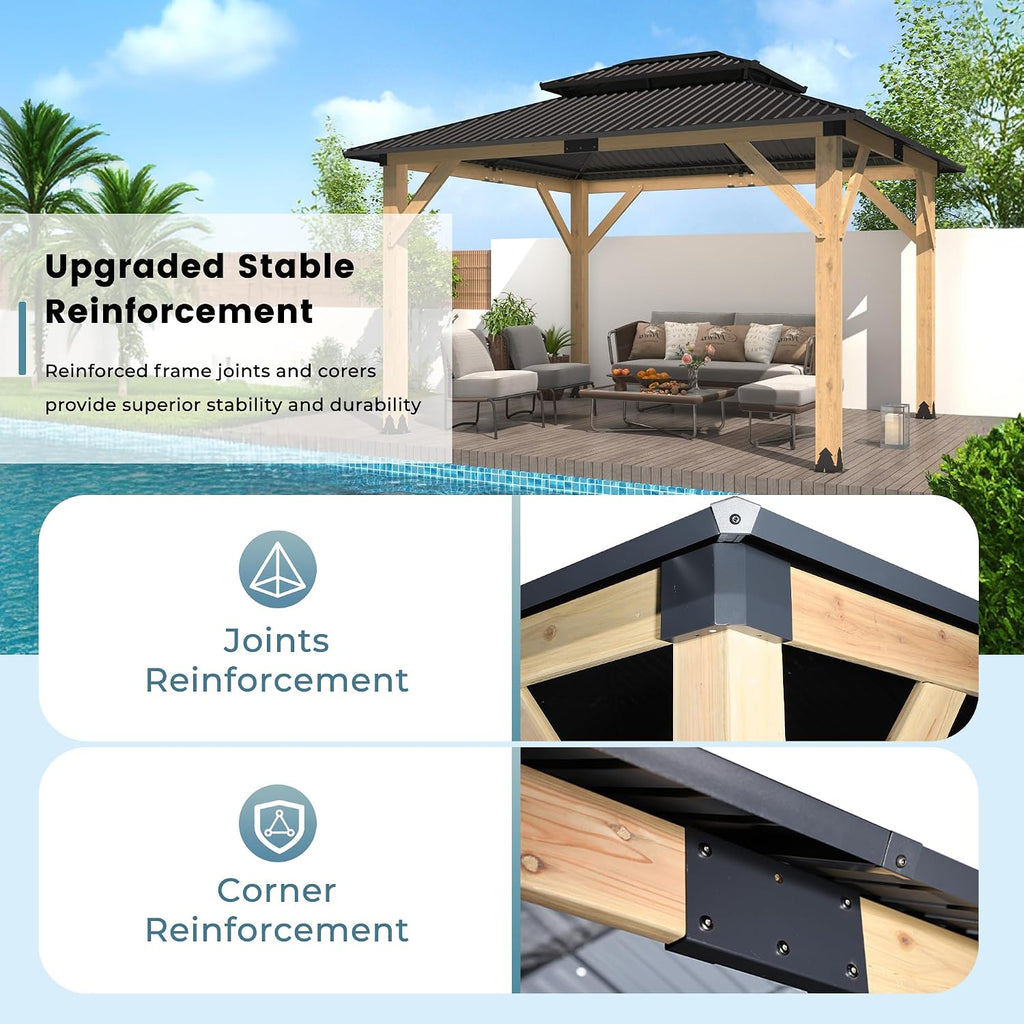 10'x12' Outdoor Wooden Gazebo, Outdoor Patio Gazebos with Galvanized Steel Double Roof, Heavy-Duty Cedar Wood Gazebo for Garden, Lawn, Poolside, Backyard Dec (Wood, 10x12FT)