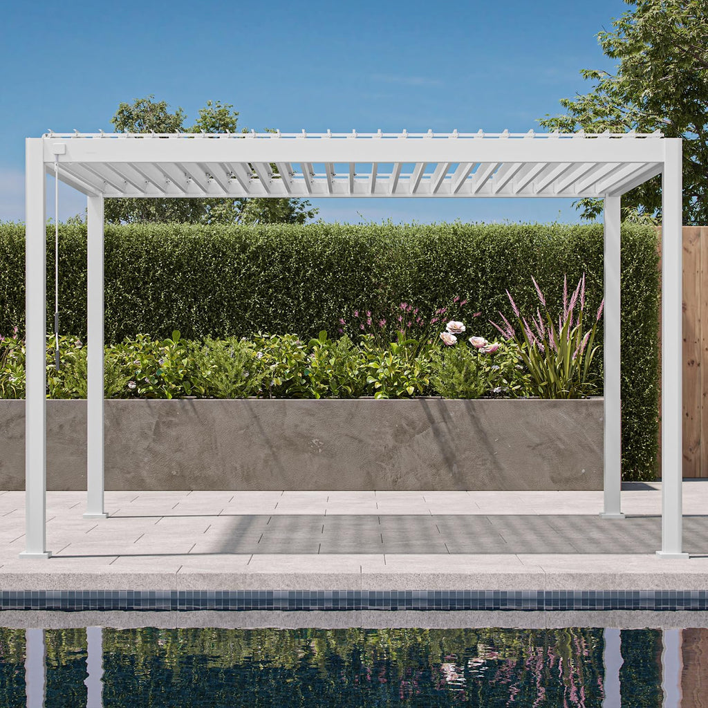 Mirador 111S Round Louvered Pergola Gazebo, 10Ft x 13Ft, Full Aluminum Frame, Adjustable Roof, Outdoor, Durable, White